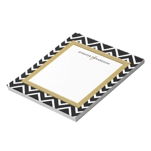 Modern Schwarz-weißer Zickzack Mustermonogramm Notizblock (Rotiert)