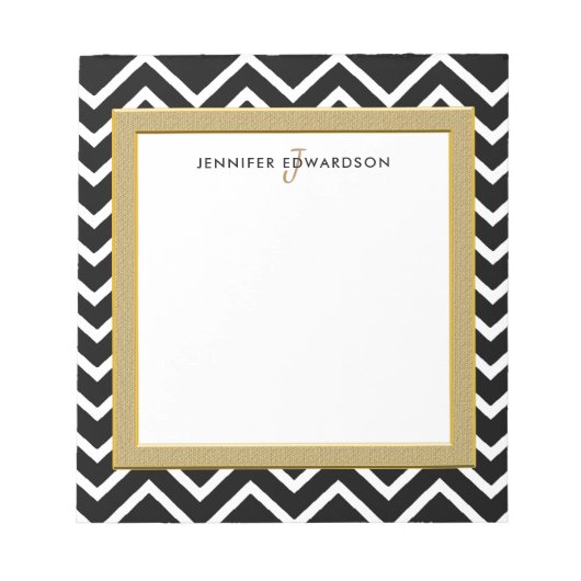 Modern Schwarz-weißer Zickzack Mustermonogramm Notizblock (Vorderseite)