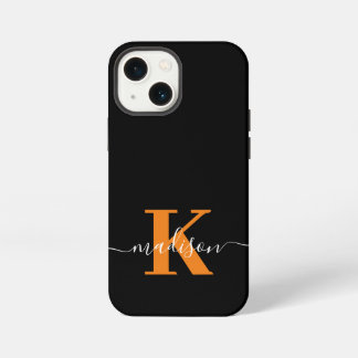 Modern schwarzes und oranges Monogramm iPhone 13 Mini Hülle