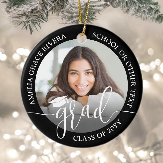 Modern Script 2 Photo Graduation Round Black Keramik Ornament