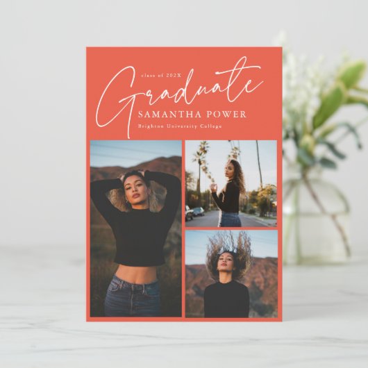 Modern Script 3 Fotos Rosa Abschluss Ankündigung (Stehend Vorderseite)