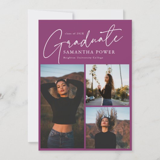 Modern Script 3 Fotos Rosa Abschluss Ankündigung (Vorderseite)