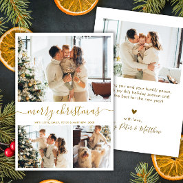 Modern Script 3 Photo Collage Gold White Christmas Feiertagskarte