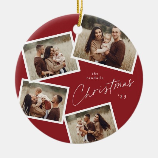 Modern Script 4 Foto Collage Rotes Weihnachtsfest Keramik Ornament (Vorne)