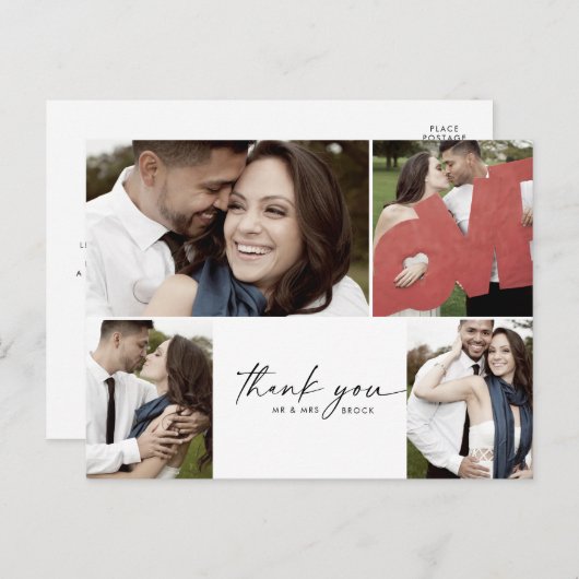 Modern Script 4 Photo Collage Wedding Thank You Postkarte (Vorne/Hinten)