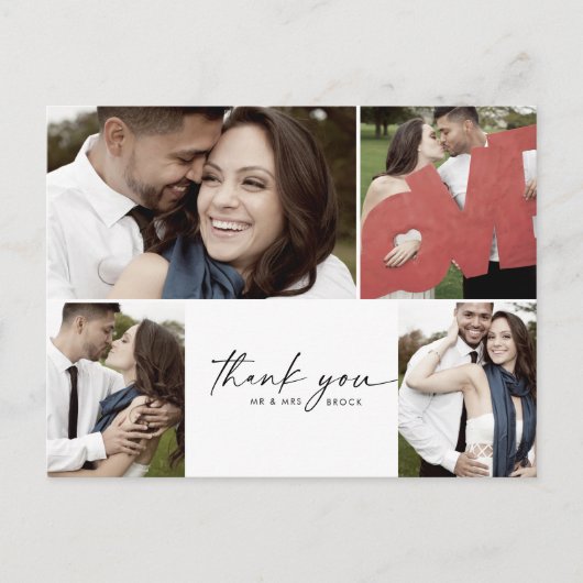 Modern Script 4 Photo Collage Wedding Thank You Postkarte (Vorderseite)