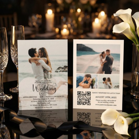 Modern Script 4 Photo QR Code RSVP Wedding  Einladung