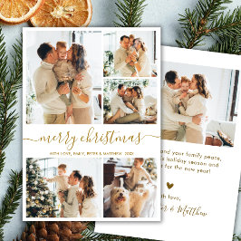 Modern Script 5 Photo Collage Gold White Christmas Feiertagskarte