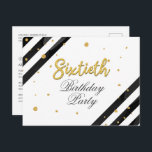 Modern Script 60. Geburtstagsparty Einladungspostkarte<br><div class="desc">Moderne Überraschung 60. Geburtstag Script Gold Geometric Einladung mit schwarzen Streifen und Goldfolie Glitzer Punkte mit Skripttypografie können Sie leicht bearbeiten. Für weitere Anpassungen klicken Sie bitte auf die Schaltfläche "Anpassen" und verwenden Sie unser Designwerkzeug,  um diese Vorlage zu ändern.</div>