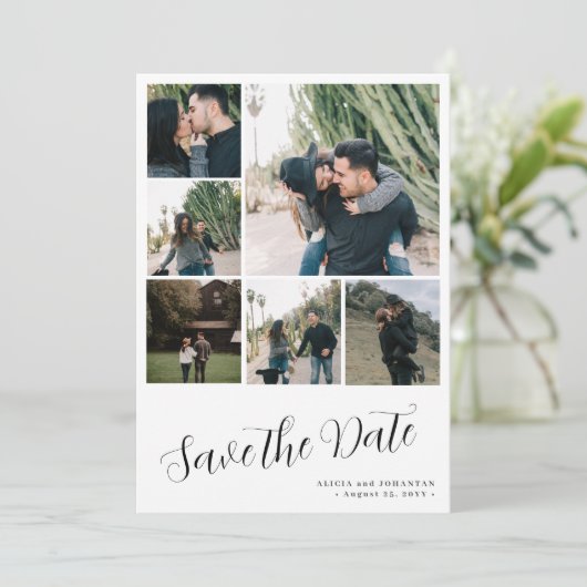 Modern script 6 photo collage simple wedding save the date (Stehend Vorderseite)