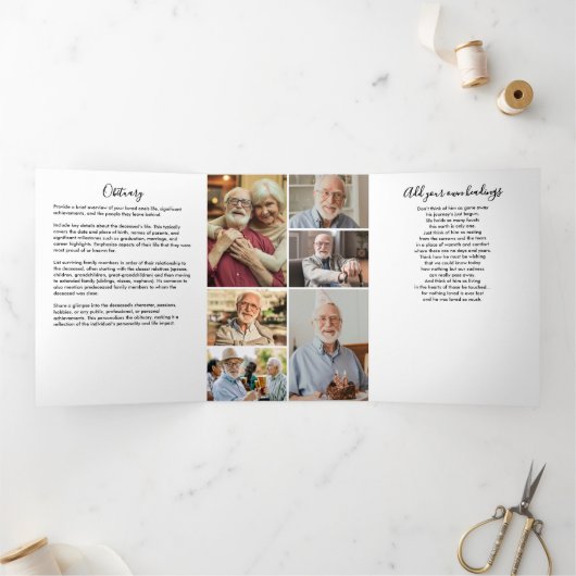 Modern Script 7-Photo Funeral/Memorial Dreifach-gefaltete Programmkarte (Innenseite)