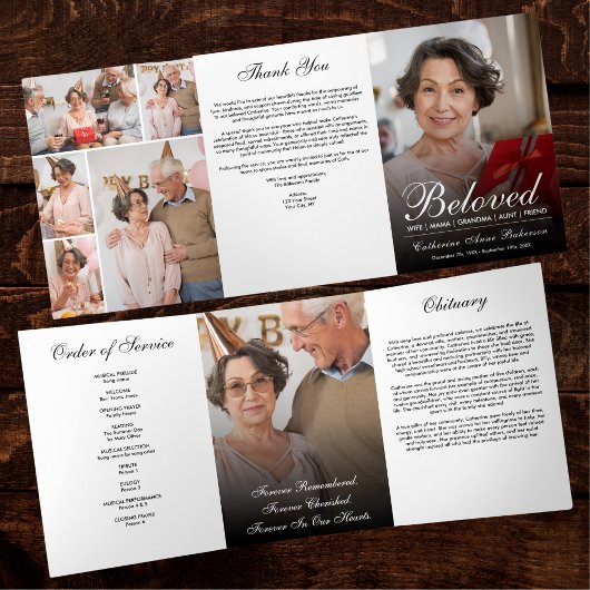 Modern Script 7-Photo Trifold Funeral Program Dreifach-gefaltete Programmkarte