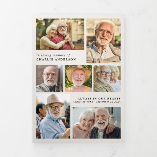 Modern Script 8-Photo Funeral/Memorial Dreifach-gefaltete Programmkarte (Cover)