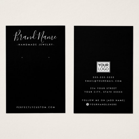 Modern script add logo black earring display card (Vorne & Hinten)