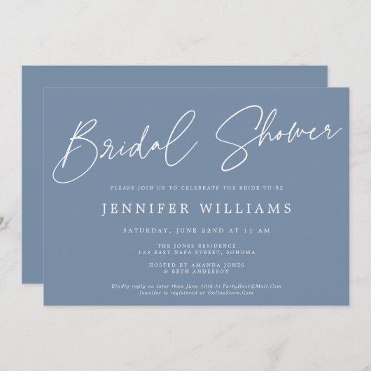 Modern Script Beautiful Dusty Blue Brautparty Einladung (Vorne/Hinten)