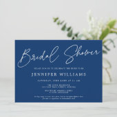 Modern Script Beautiful Navy Blue Brautparty Einladung (Stehend Vorderseite)