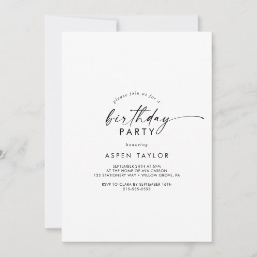 Modern Script Birthday Party Einladung (Vorderseite)