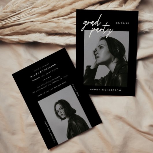 Modern Script Black 2-Photo Graduation Party Einladung