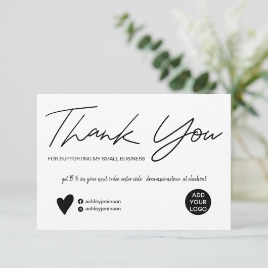 Modern script black and white order thank you einladung (Stehend Vorderseite)