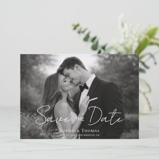 Modern Script  Black and White Photo Save the Date (Stehend Vorderseite)