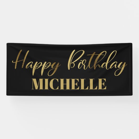 Modern Script Black Gold Happy Birthday Banner (Horizontal)