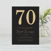 Modern Script Black Gold Seventy 70th Birthday Einladung (Stehend Vorderseite)