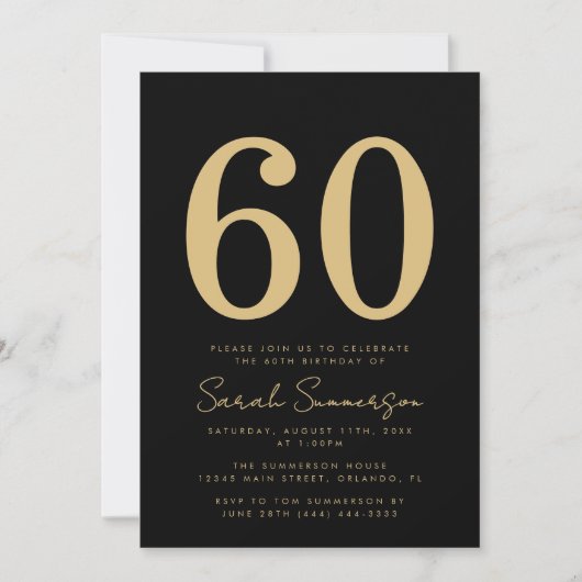 Modern Script Black Gold Sixty 60th Birthday Party Einladung (Vorderseite)
