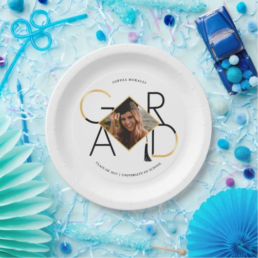 Modern Script Black & Gold Tassel Grad Foto Frame Pappteller (Party)