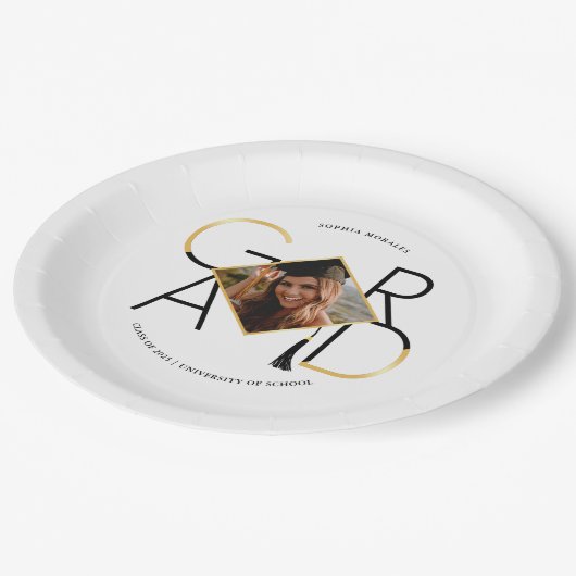 Modern Script Black & Gold Tassel Grad Foto Frame Pappteller (Schrägansicht)