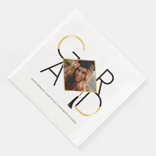 Modern Script Black & Gold Tassel Grad Foto Frame Serviette (Ecke)