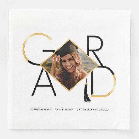 Modern Script Black & Gold Tassel Grad Foto Frame Serviette (Vorderseite)