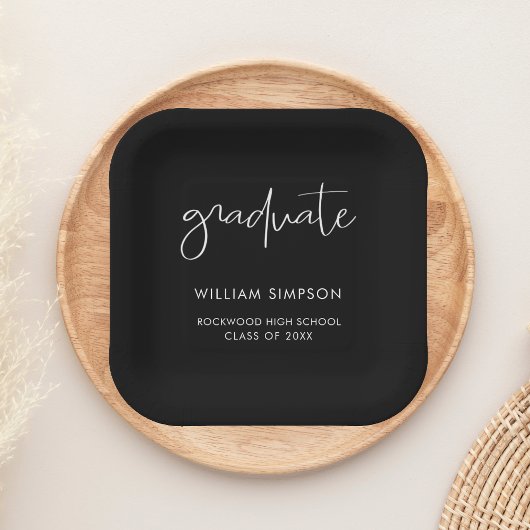 Modern Script Black Graduation Paper Plates Pappteller