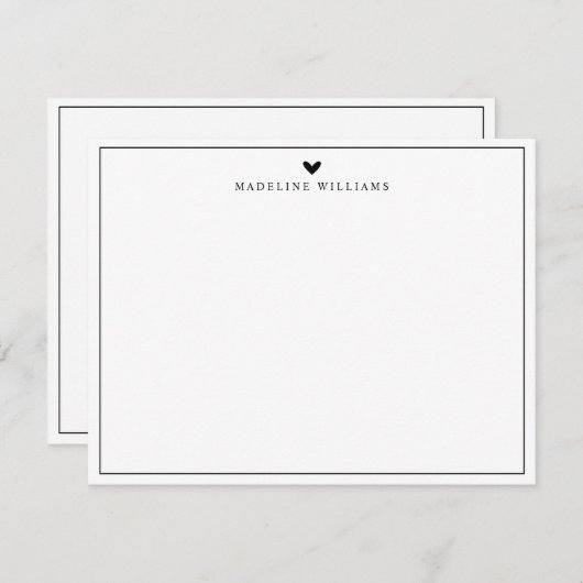 Modern Script Black Heart Border Monogram Mitteilungskarte (Vorne/Hinten)