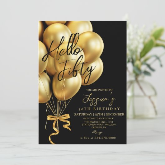 Modern Script Black Hello Fifty Birthday Einladung (Stehend Vorderseite)