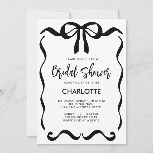 Modern Script Black Ribbon Bow Brautparty Einladung (Vorderseite)