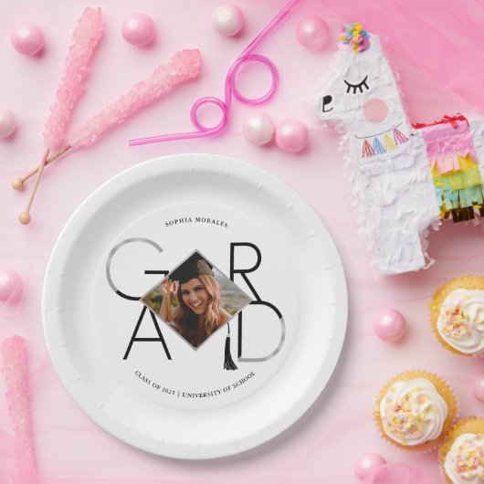 Modern Script Black Silver Tassel Grad Foto Frame Pappteller (Party)