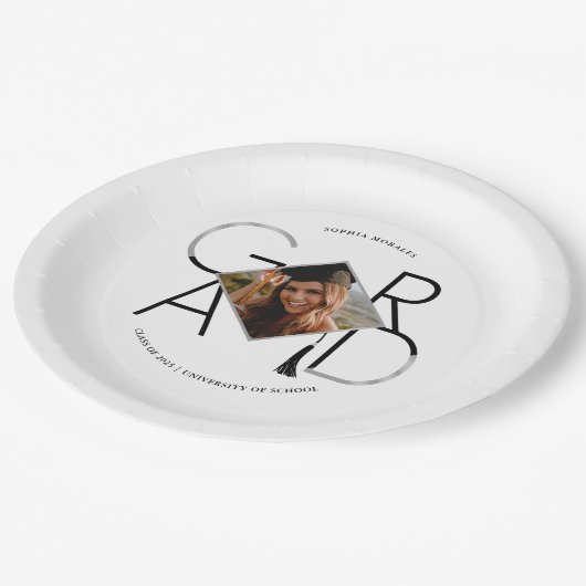 Modern Script Black Silver Tassel Grad Foto Frame Pappteller (Schrägansicht)