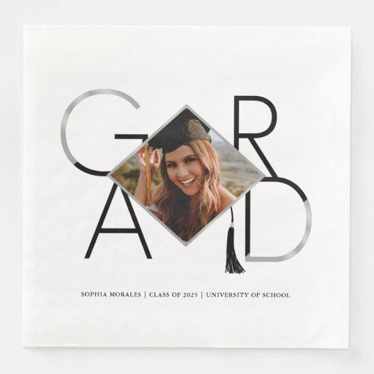 Modern Script Black Silver Tassel Grad Foto Frame Serviette (Vorderseite)
