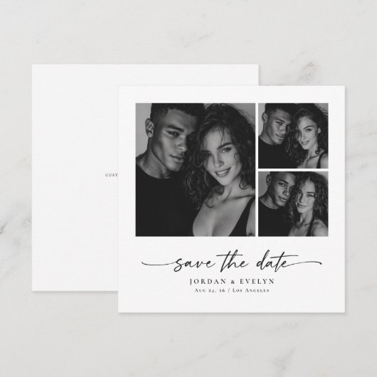 Modern Script Black & White 3 Photo Save the Date (Vorne/Hinten)