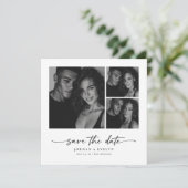 Modern Script Black & White 3 Photo Save the Date (Stehend Vorderseite)