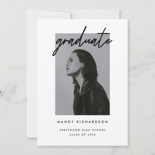 Modern Script Black & White Photo Graduation Ankündigung (Vorderseite)