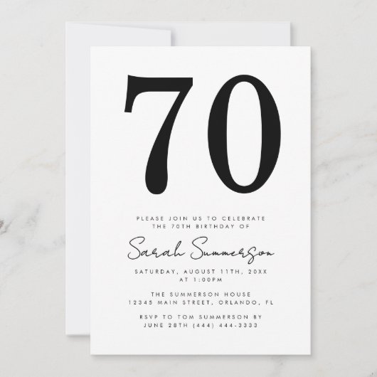 Modern Script Black White Seventy 70th Birthday Einladung (Vorderseite)