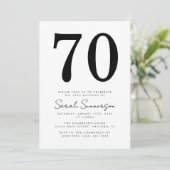 Modern Script Black White Seventy 70th Birthday Einladung (Stehend Vorderseite)