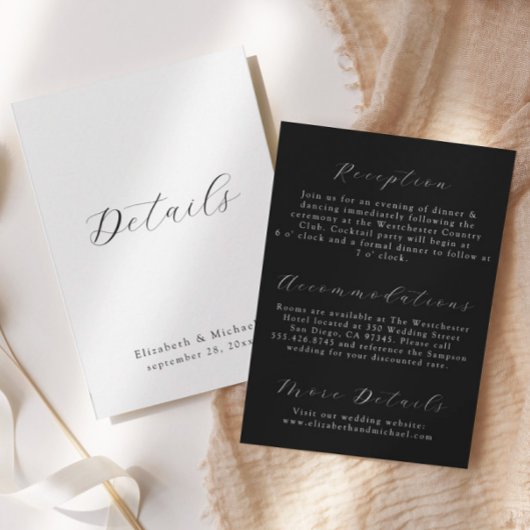 Modern Script Black & White Wedding Details Card Einladung