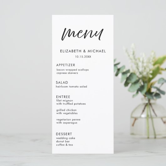 Modern Script Black & White Wedding Reception Menu Menükarte (Stehend Vorderseite)