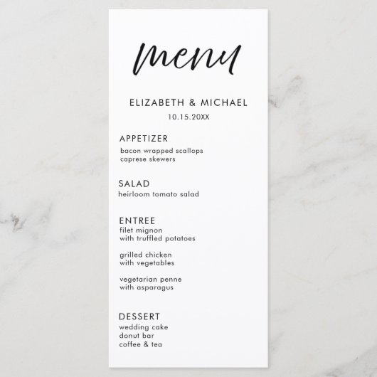 Modern Script Black & White Wedding Reception Menu Menükarte (Vorderseite)