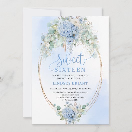Modern Script Blue Hydrangeas Sweet Sixteen Invite Einladung (Vorderseite)