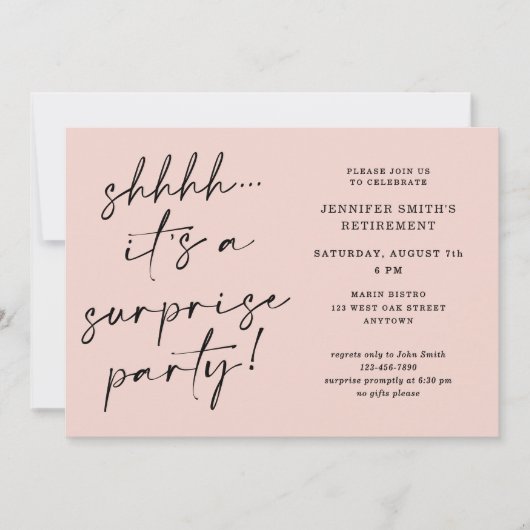 Modern Script Blush Pink Surprise Retirement Party Einladung (Vorderseite)