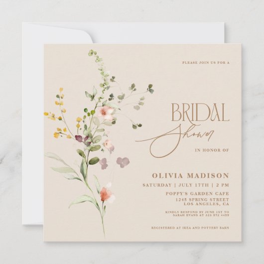 Modern Script Boho Flower Garden Einladung (Vorderseite)