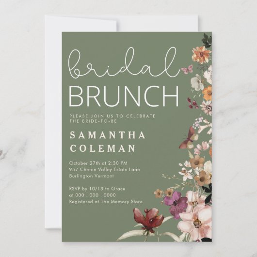 Modern Script Boho Wildfolwer Brautparty Brunch Einladung (Vorderseite)